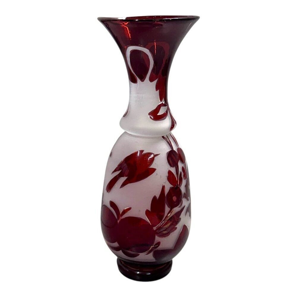 Vintage Bohemian Bird Floral Flowers Ruby Red & White Etched Glass Vase Design